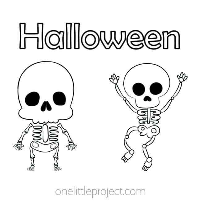 Two skeletons below the word Halloween