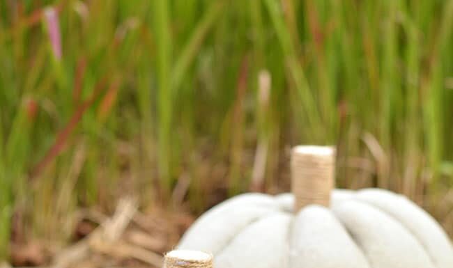 How to Make DIY Concrete Pumpkins for Fall Decor Two concrete pumpkins sitting outside