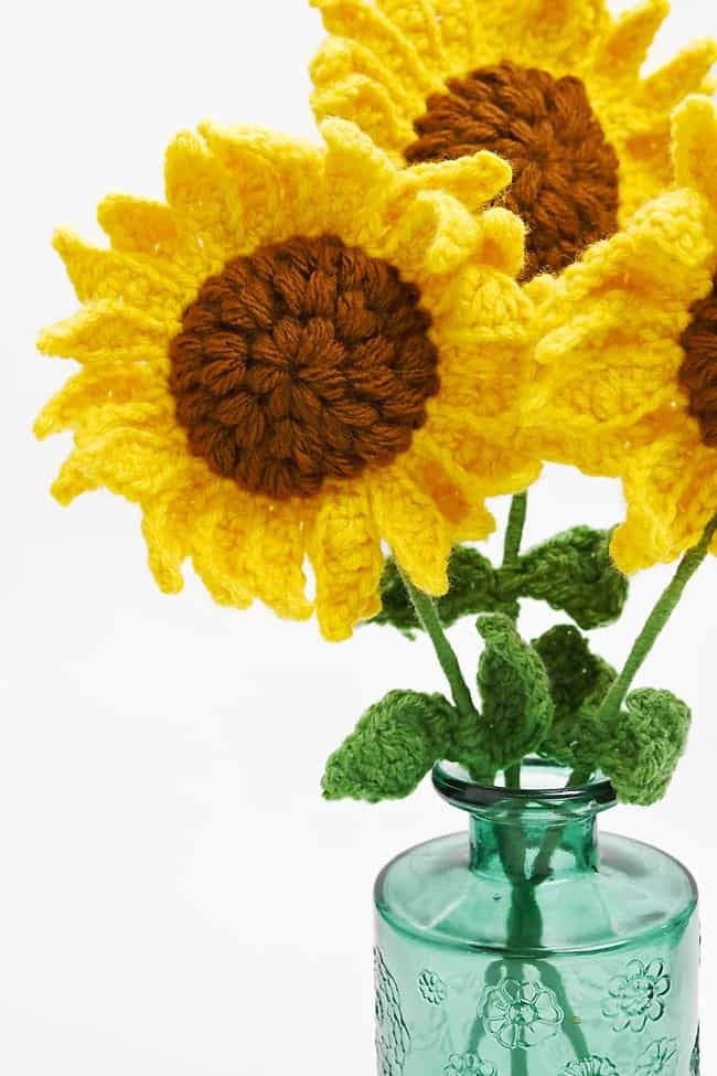 Crochet sunflowers in a vase