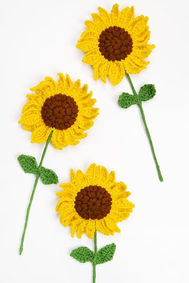 Crochet sunflowers made with our free, printable PDF pattern