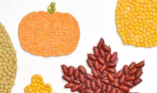 DIY Fall Bean Mosaics Fall leaves and pumpkin mosaics made with dried beans