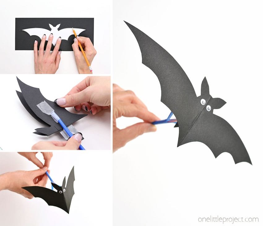 Collage of images showing how to make a flying bat craft