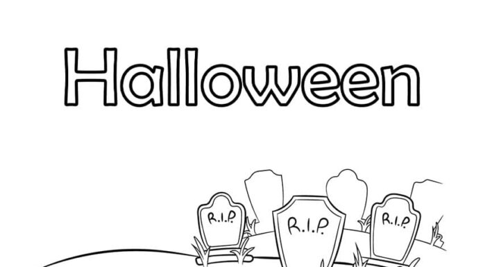 Free Printable Halloween Coloring Pages for Kids The word Halloween above tombstones that read RIP