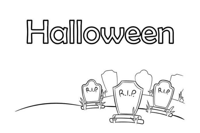 Halloween Coloring Pages The word Halloween above tombstones that read RIP