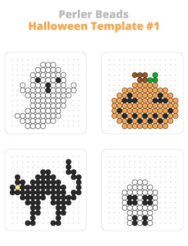 Ghost, jack-o-lantern, black cat, and skull free, printable Halloween Perler bead patterns