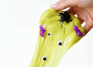 Halloween Slime Recipe Green Halloween slime filled with googly eyes, bats, and spiders
