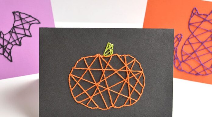 DIY Halloween String Art Cards: Fun Craft for All Ages A pumpkin Halloween string art card centered in frame