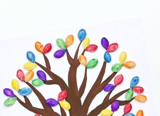 How to Dye Pumpkin Seeds: Easy Craft for Kids Dyed pumpkin seeds glued on a tree template