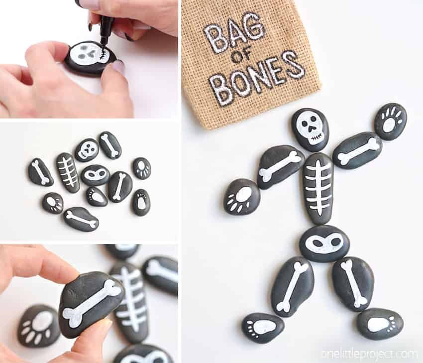 Collage of images showing how to make bag of bones Halloween painted rocks