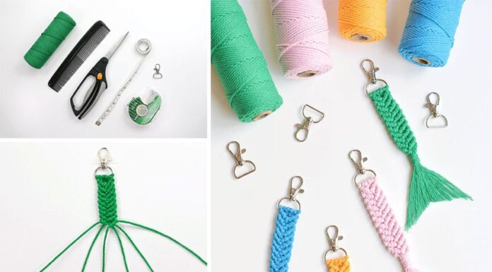 How to Make a Macrame Keychain Collage of images showing how to make macrame keychains