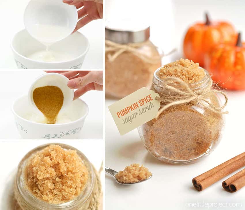 A collage of images showing how to make pumpkin spice sugar scrub