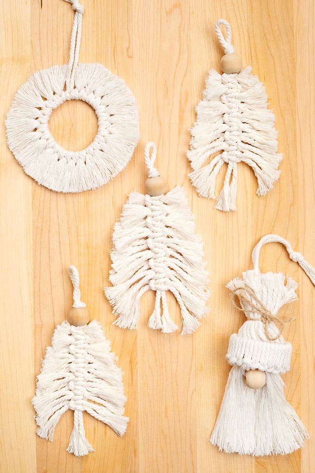 Macrame Christmas tree, wreath, and gnome ornaments