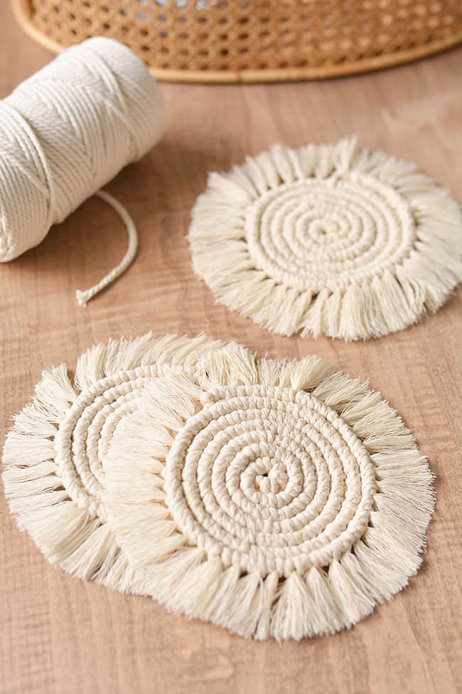 Pile of homemade macrame coasters