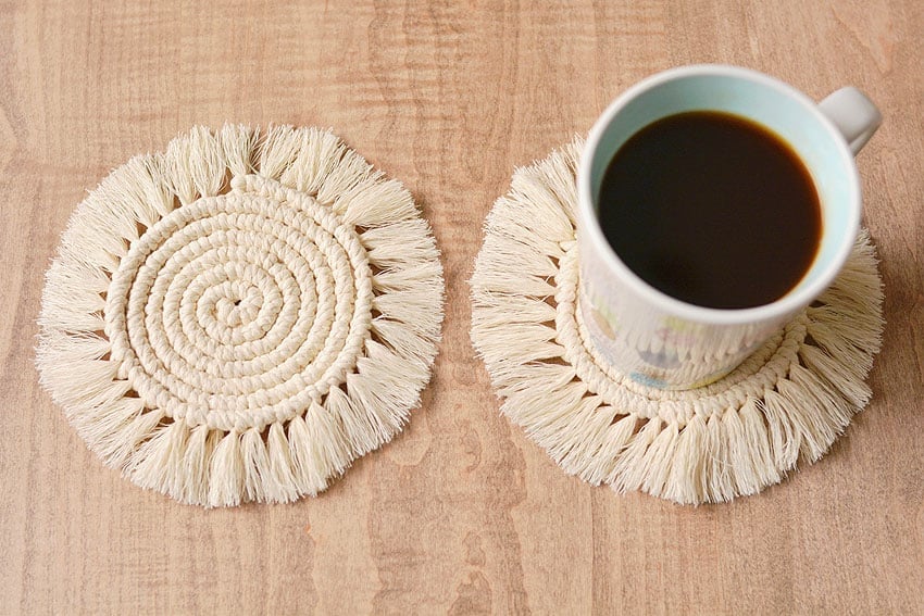 DIY macrame coaster in use beside an empty one