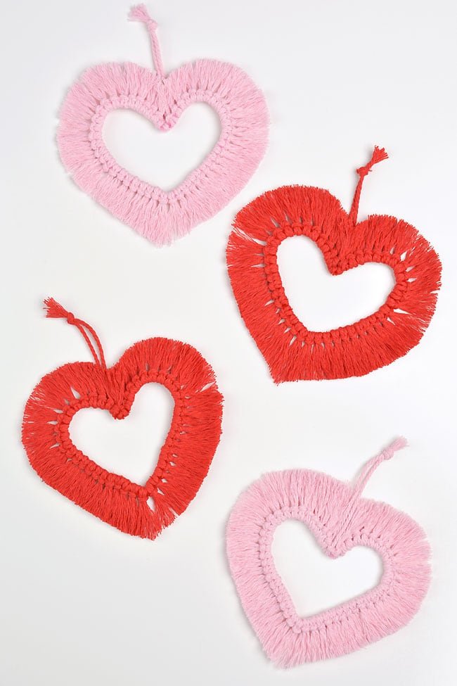 Red and pink macrame hearts