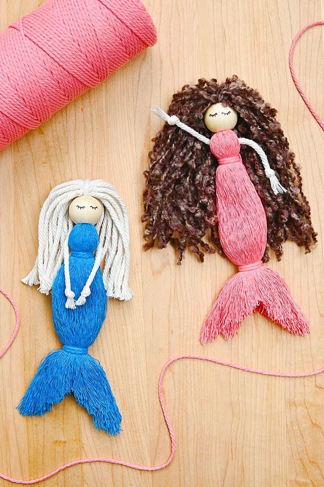 Cute mermaid dolls made with macrame cord and yarn