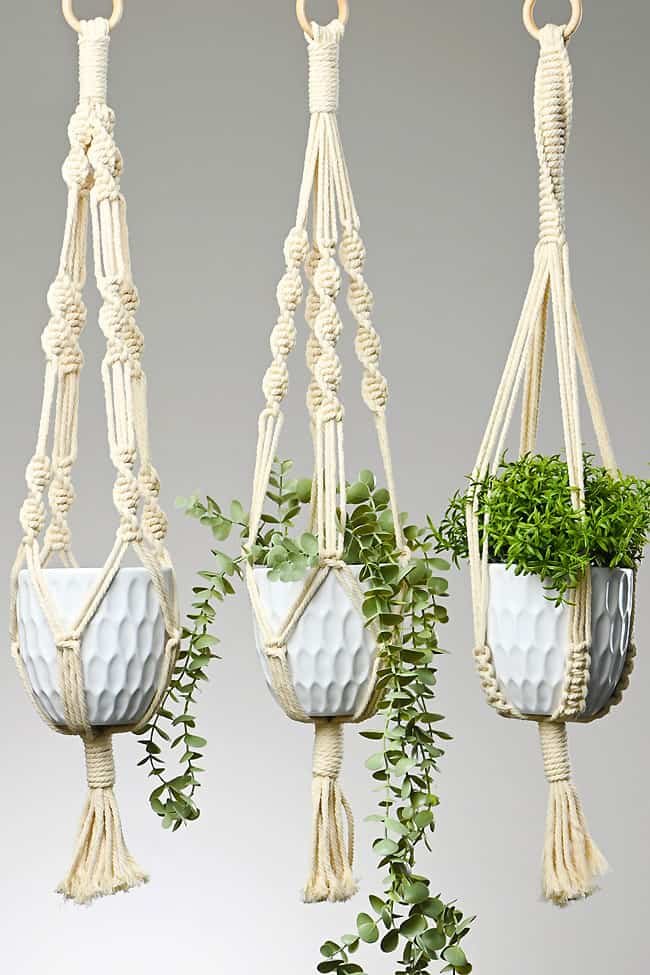 Three DIY macrame plant hangers