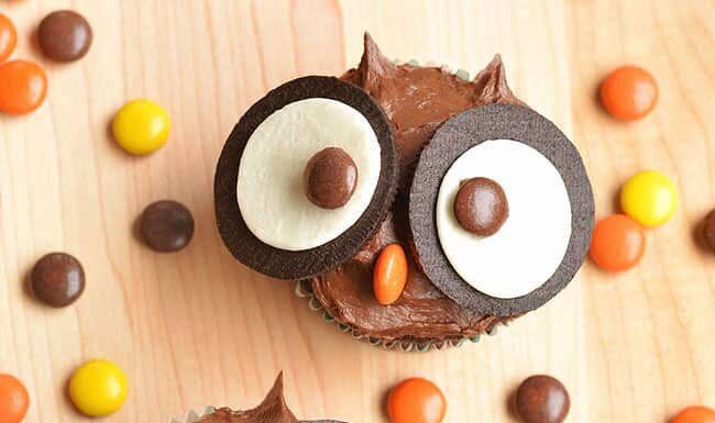 How to Make Easy Owl Cupcakes for Halloween Owl cupcakes on a wooden background surrounded by reese's pieces