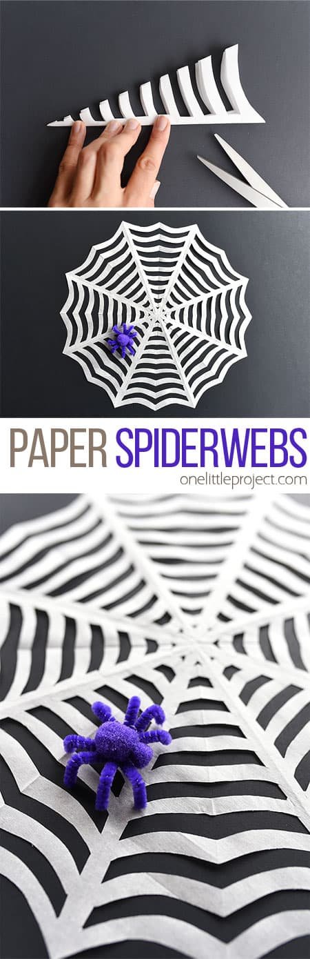 Collage of images showing the making of a DIY paper spiderweb