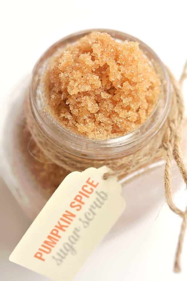 Top view of a jar of homemade sugar scrub