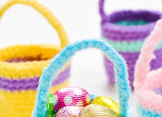 How to Crochet an Easter Basket: Step-by-Step Guide Crochet Easter basket filled with chocolate eggs