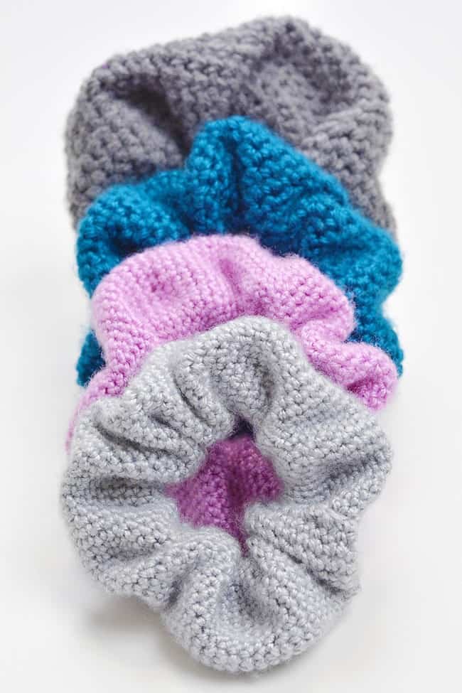 Pile of cute and soft crochet scrunchies