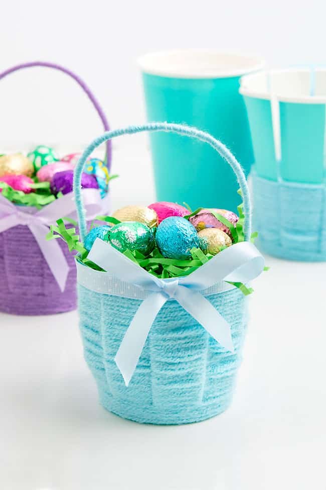 Cute homemade Easter baskets with a partially finished basket in the background