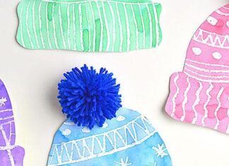 Kids Winter Hat Art Project With DIY Pom Poms This winter hat art project for kids is such a fun winter craft idea! Use the free printable winter hat template to have a fun day of crafting at home or in the classroom! This process art idea lets you experiment with creating texture in watercolor and shows the magic of painting over crayon with watercolour paint! There's even instructions for making a DIY yarn pom pom!
