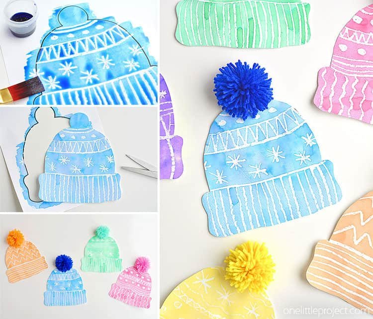 This winter hat art project for kids is such a fun winter craft idea! Use the free printable winter hat template to have a fun day of crafting at home or in the classroom! This process art idea lets you experiment with creating texture in watercolor and shows the magic of painting over crayon with watercolour paint! There's even instructions for making a DIY yarn pom pom!