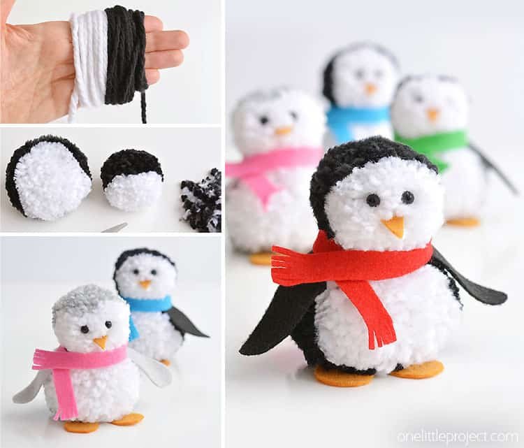 These pom pom penguins are so easy to make and they're sooooooooo cute!! This is such a fun winter craft idea for kids! You can easily make your own pom poms just by using your hands! This is such a fun and easy winter DIY project!