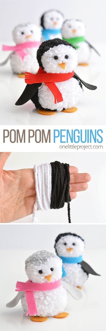 These pom pom penguins are so easy to make and they're sooooooooo cute!! This is such a fun winter craft idea for kids! You can easily make your own pom poms just by using your hands! This is such a fun and easy winter DIY project!