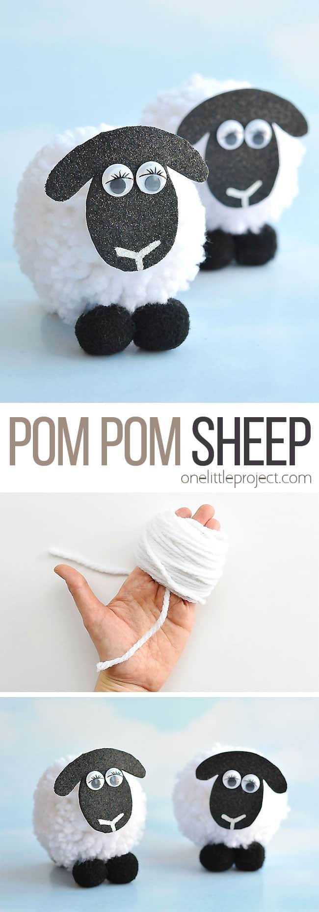 These pom pom sheep are SO CUTE and they're really simple to make! It's so easy to make DIY pom poms from yarn just by using your hands! This is such a fun kids craft for spring, or even Easter! I love that it uses such simple craft supplies. Pom pom crafts are the best!