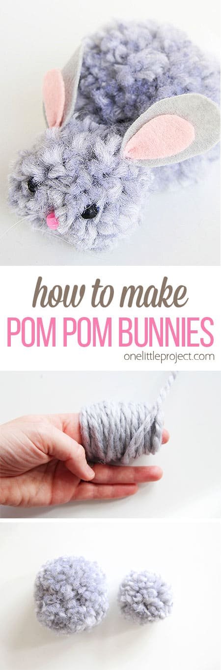 These pom pom bunnies are SO CUTE! Use chunky yarn and they end up being so soft and snuggly! Such an awesome spring or Easter craft to make with the kids!