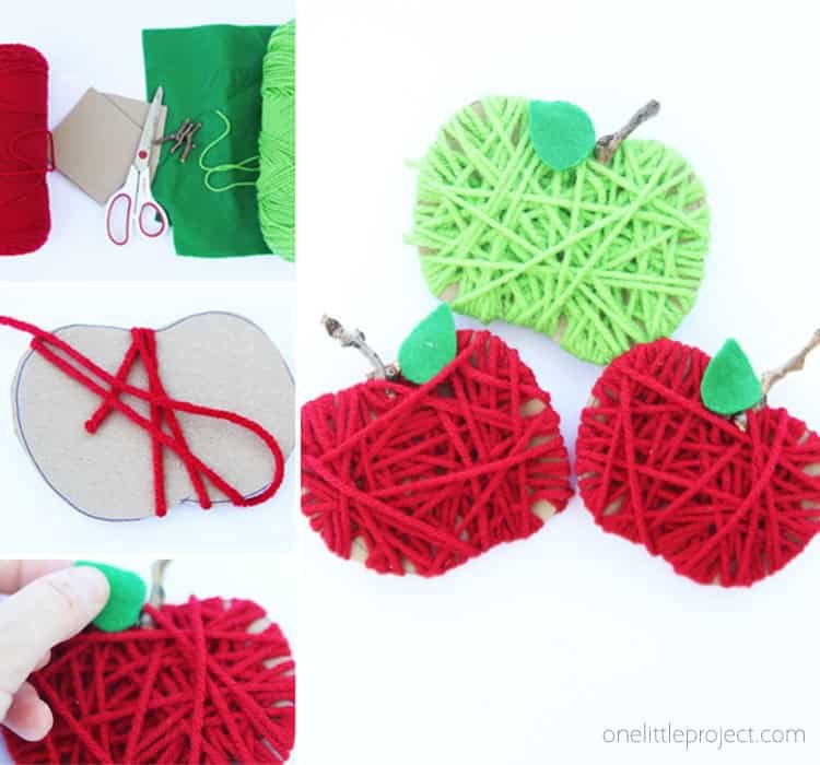 Make some yarn wrapped cardboard apples for a SUPER EASY fall kids craft!