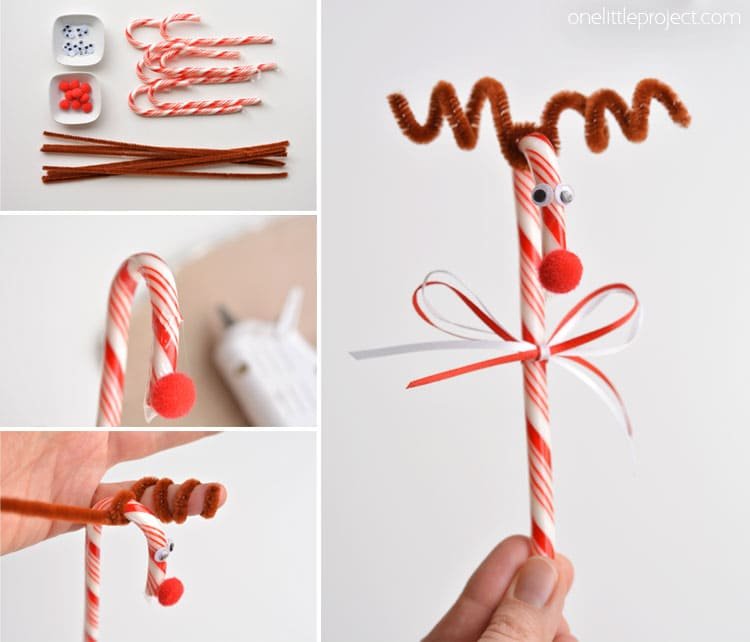 Do you remember making these candy cane reindeer when you were a kid?! They're so cute and SO EASY! What a great holiday craft to do with the kids!