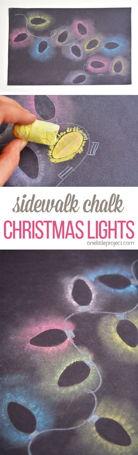 These stenciled sidewalk chalk Christmas lights are so easy to make, and the effect is SO COOL! It looks just like the light bulbs are glowing in the dark!