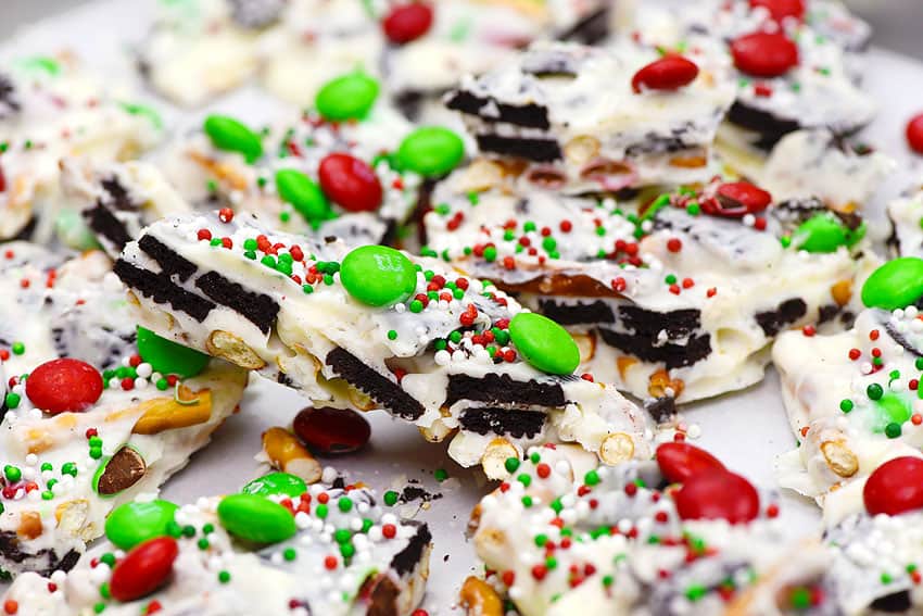 Side view of Christmas bark cookies