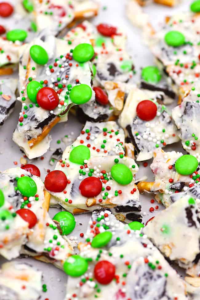Christmas bark broken up on a tray