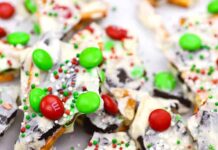 Christmas Bark Recipe Christmas bark broken up on a tray