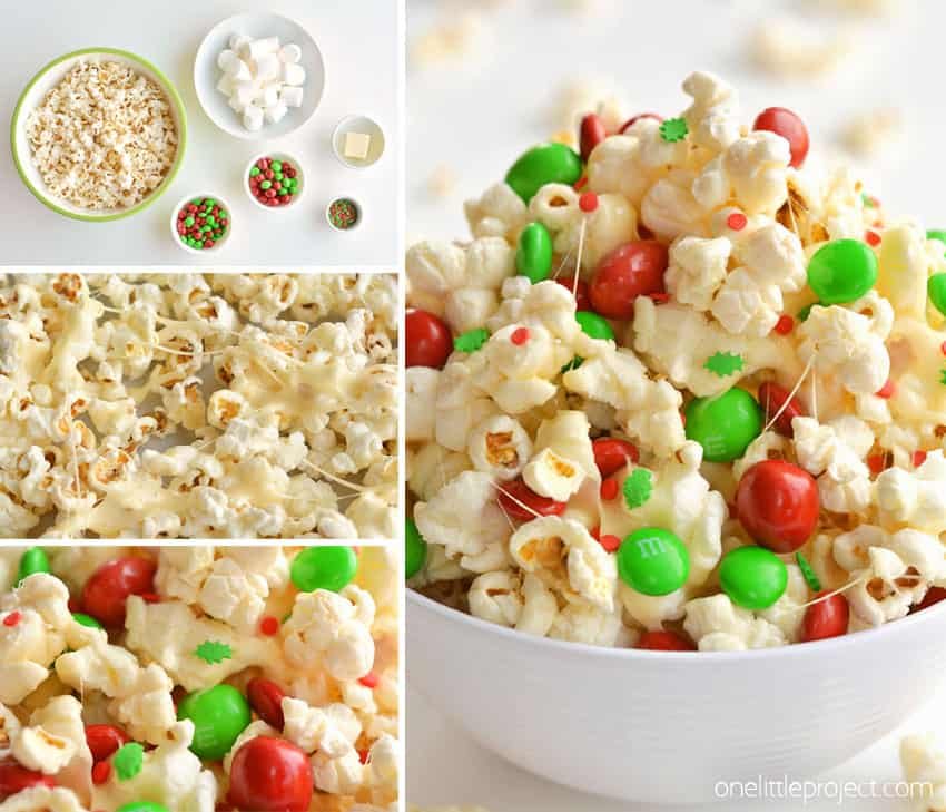 This marshmallow Christmas popcorn is SO GOOD and it's really simple to make. Such a great Christmas treat idea for kids and grown ups! I've also seen it called Santa Crunch Popcorn. Who knew marshmallow popcorn was a thing!? Top it with sprinkles and M&M's and this sweet and salty popcorn is delicious! (And perfect for the holidays!)