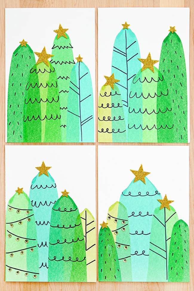 Collection of Christmas tree squeegee art cards