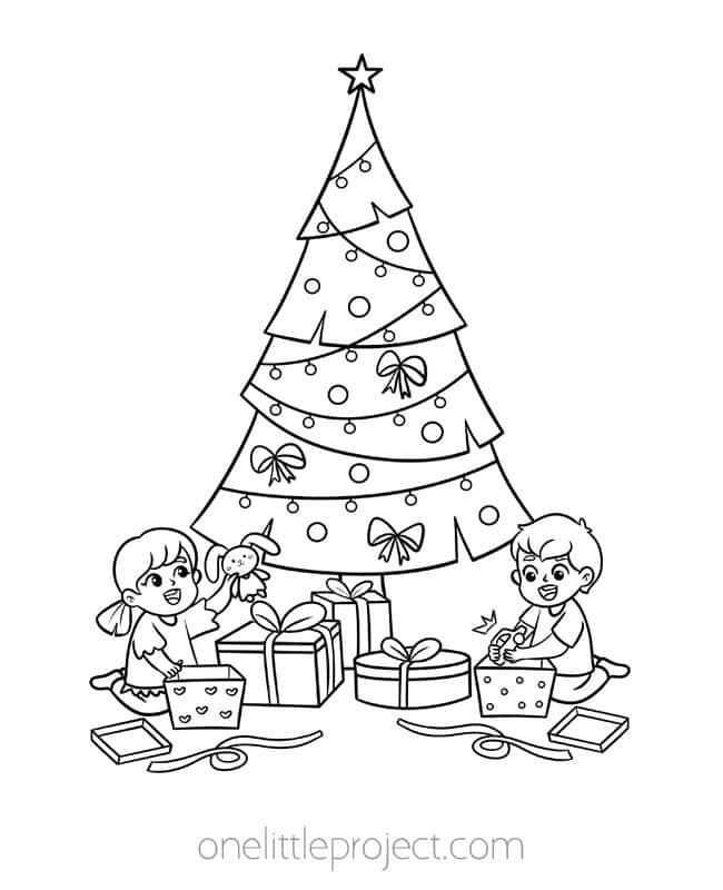 Christmas Tree Color Sheet - girl and boy opening gifts