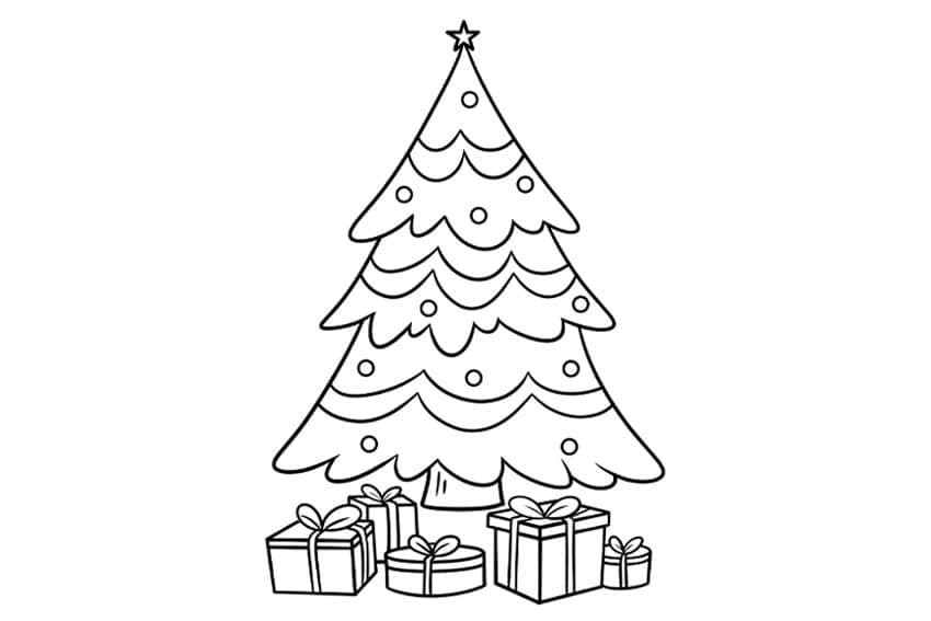 Christmas Tree Coloring Page - decorated with presents