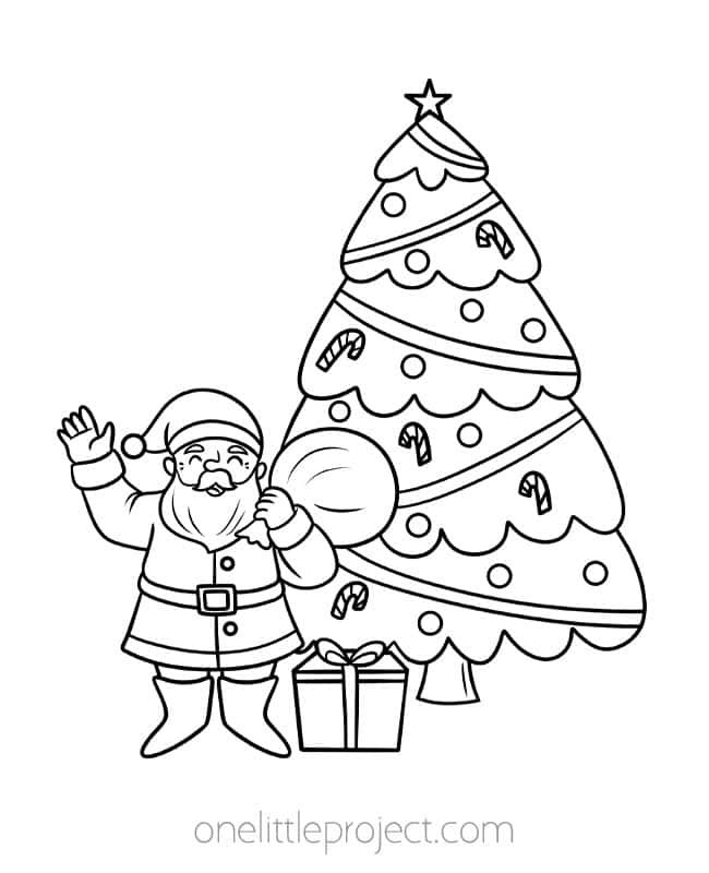 Christmas Tree Coloring Sheet - Santa delivering gifts