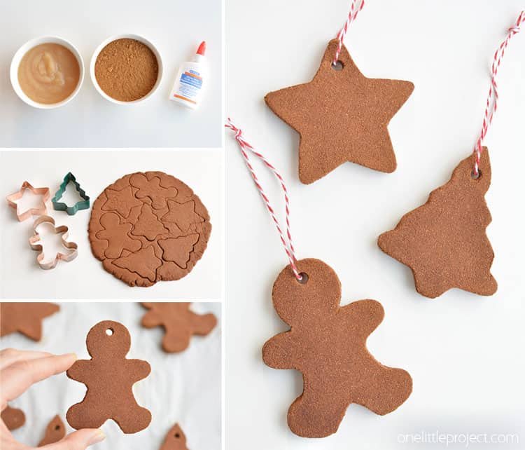 These cinnamon ornaments smell SO GOOD and they're really simple to make! Only 3 ingredients and they give you that amazing Christmas baking smell! You can hang them on the Christmas tree as is, or decorate them with puffy paint. Such a fun Christmas craft!