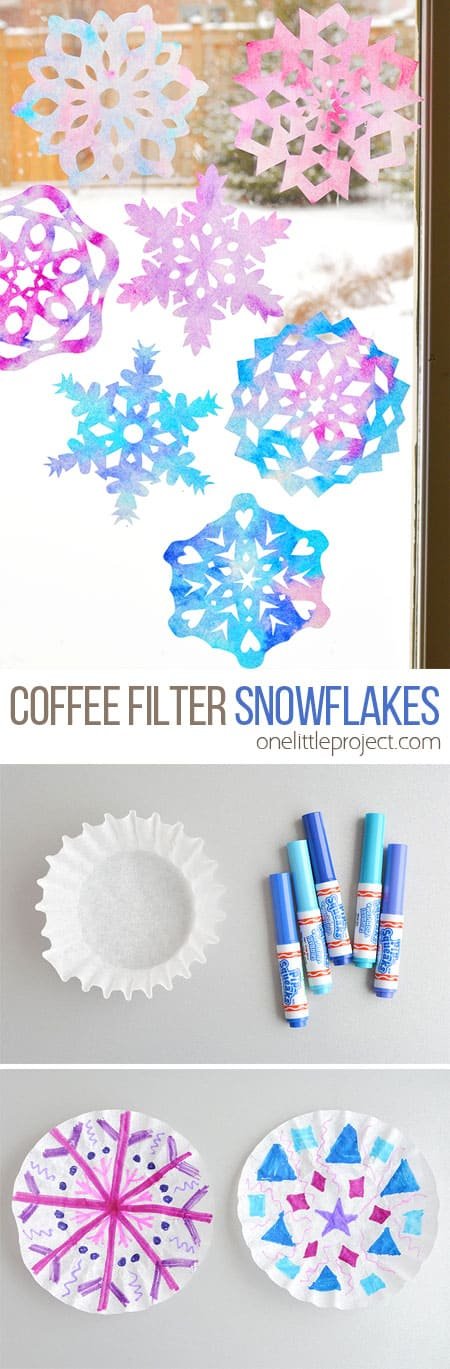 These coffee filter snowflakes are so easy to make and they are SO PRETTY! This is such a fun winter craft idea! A great activity for a snow day at home but also simple enough for teachers to make with the whole class at school. They make beautiful sun catchers and are a great Christmas decoration that can stay up all winter long! 