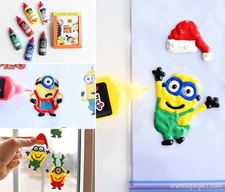 These holiday Minion window clings using Tulip slick paint are SO EASY and they look so cute! This is such a fun Christmas craft to do with the kids and it's seriously one of my all time favourite crafts!