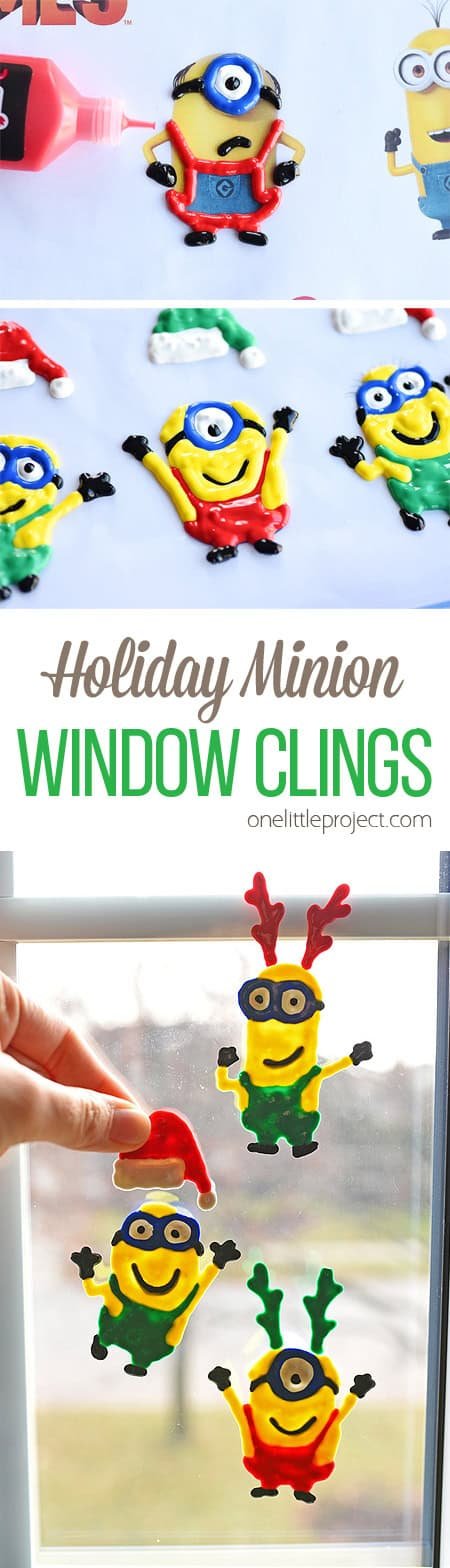 These holiday Minion window clings using Tulip slick paint are SO EASY and they look so cute! This is such a fun Christmas craft to do with the kids and it's seriously one of my all time favourite crafts!