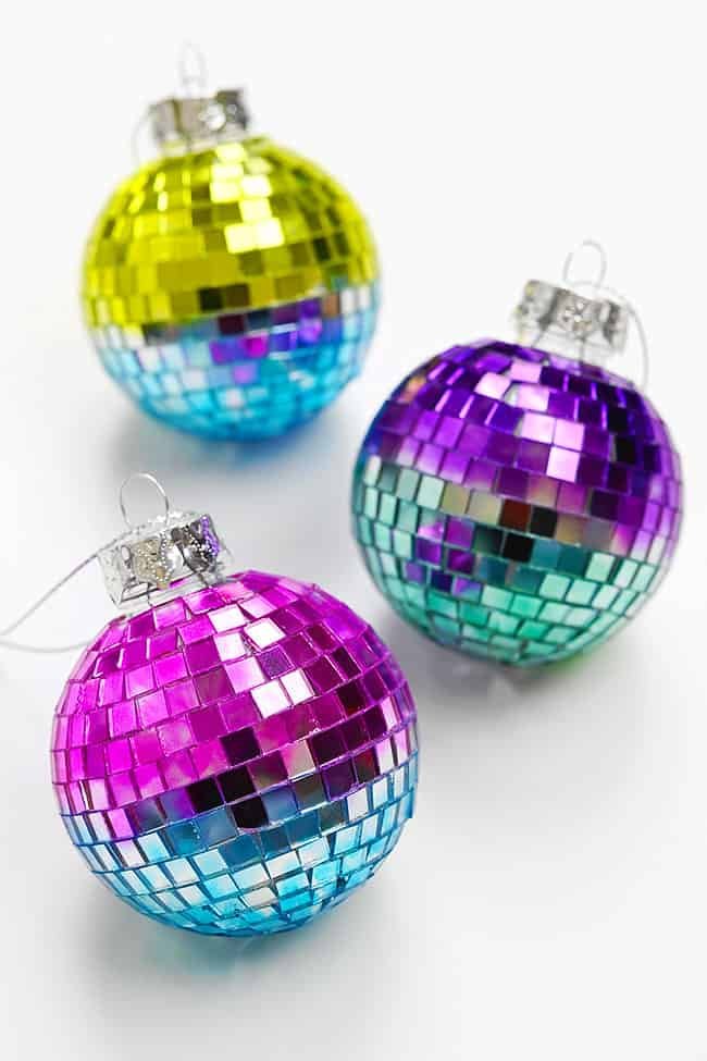 3 coloured disco ball Christmas ornaments