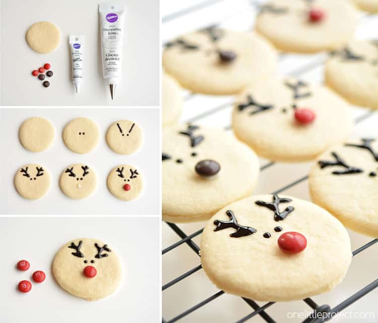These reindeer sugar cookies are really easy to make and they look ADORABLE! The cookie recipe is so good! Perfectly even cookies, with no chilling required!